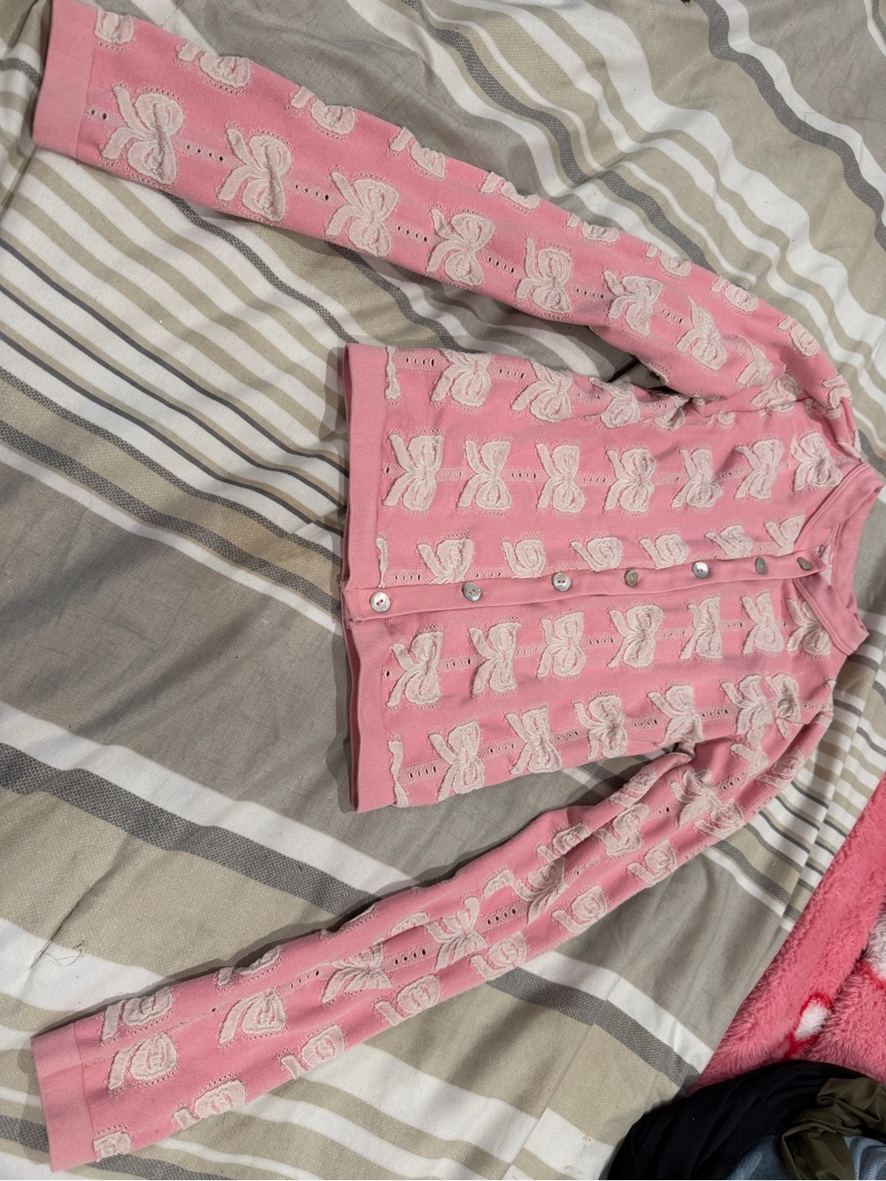 Urban Outfitters Pink Bow Jacquard Button Cardigan